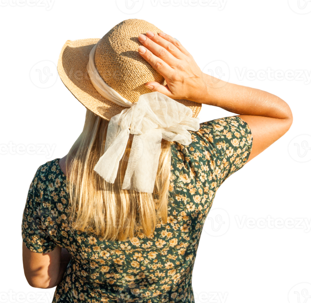 Transparent PNG Pretty Caucasian Outdoors Girl Wearing Sundress and Hat Facing Away From Camera.