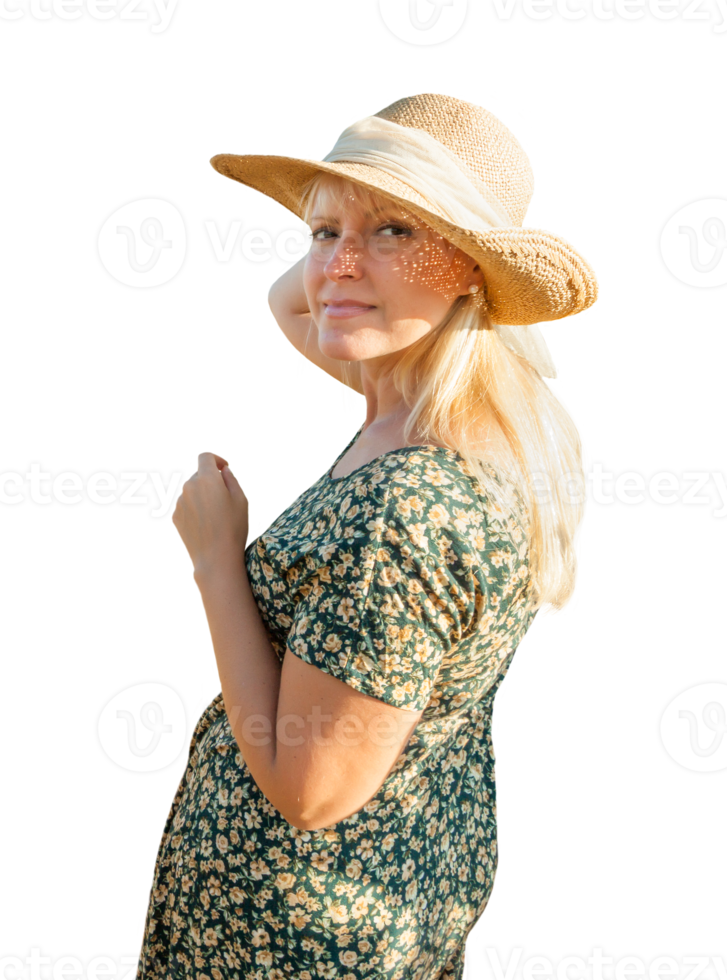 Transparent PNG Pretty Caucasian Outdoors Girl Wearing Sundress and Hat Facing Camera.