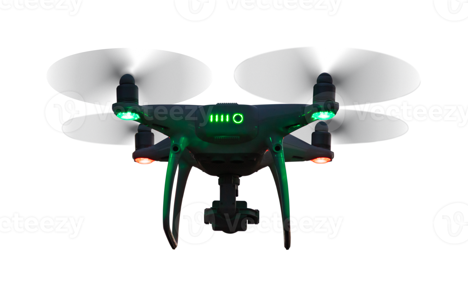 Transparent PNG UAV Quadcopter Drone with Hazard Lights On Flying In Evening or Night.