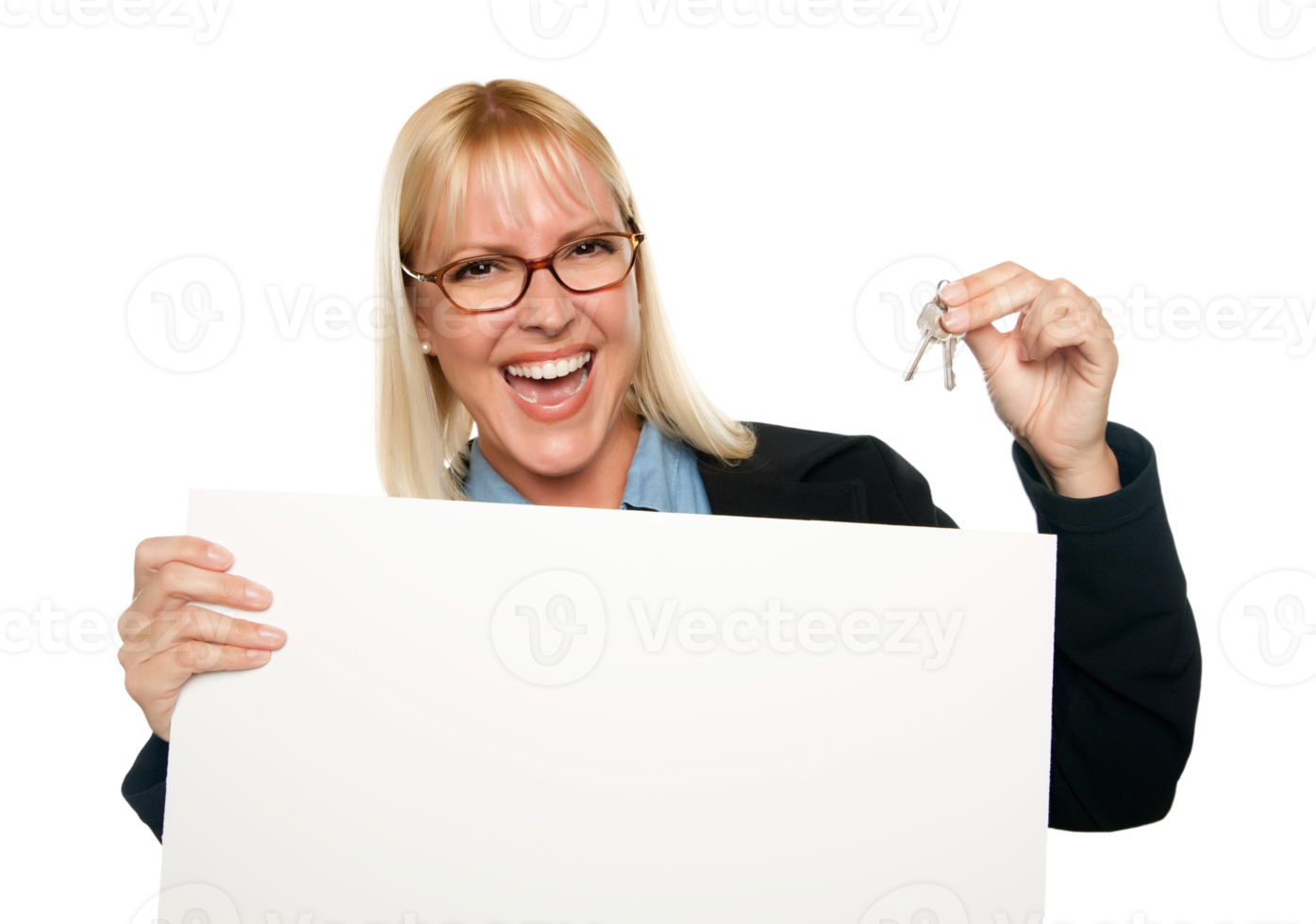 Transparent PNG of Attractive Blonde Holding Keys and Blank White Sign.