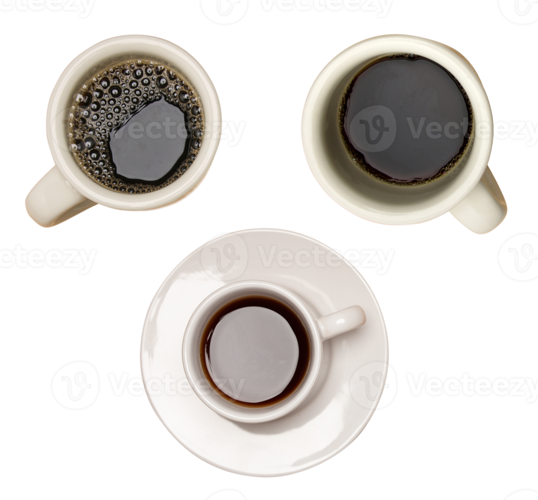 Transparent PNG Set of Hot Coffee Cups and Mugs from Overhead.