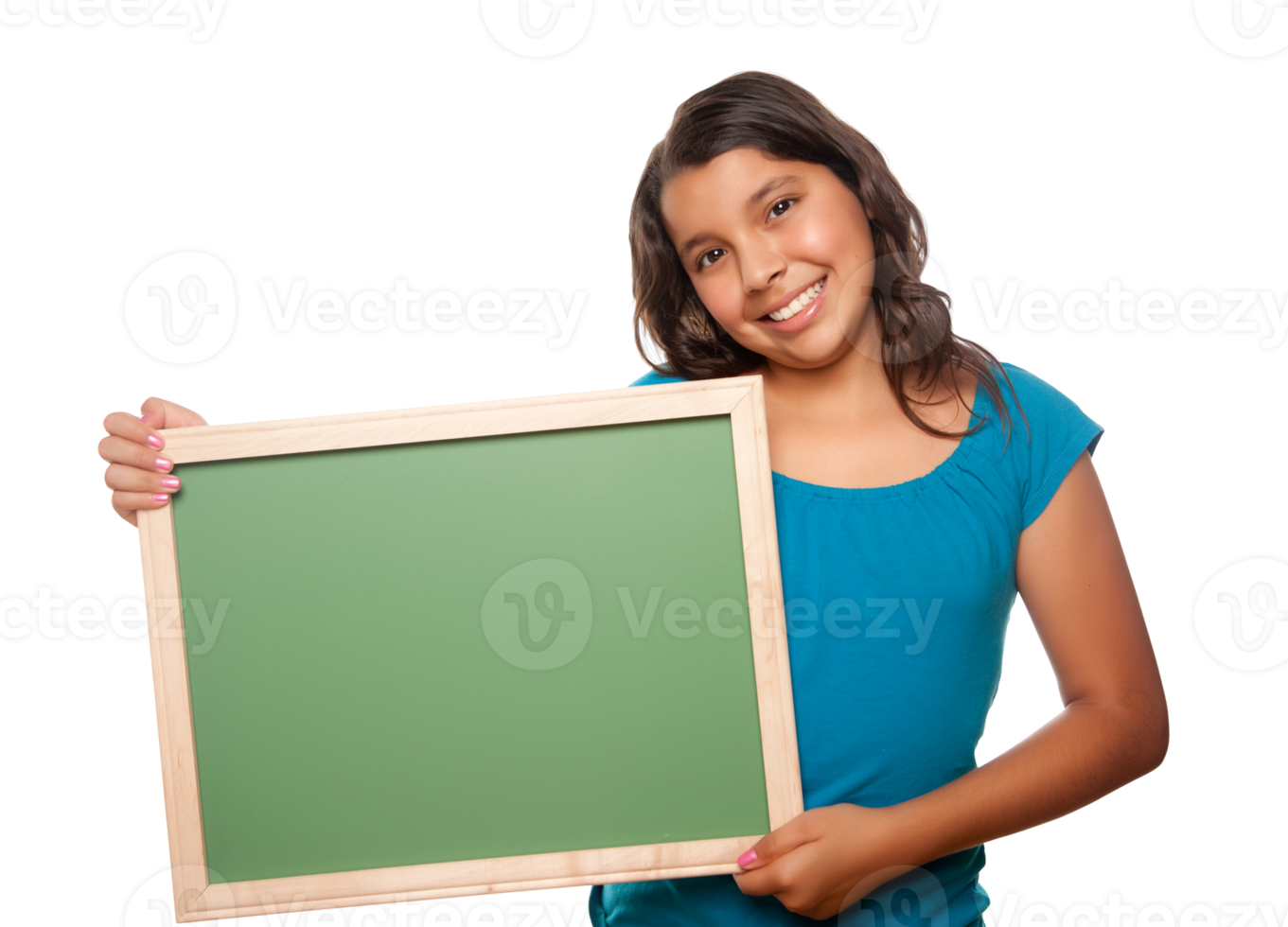Transparent PNG Pretty Hispanic Girl Holding Blank Chalkboard.