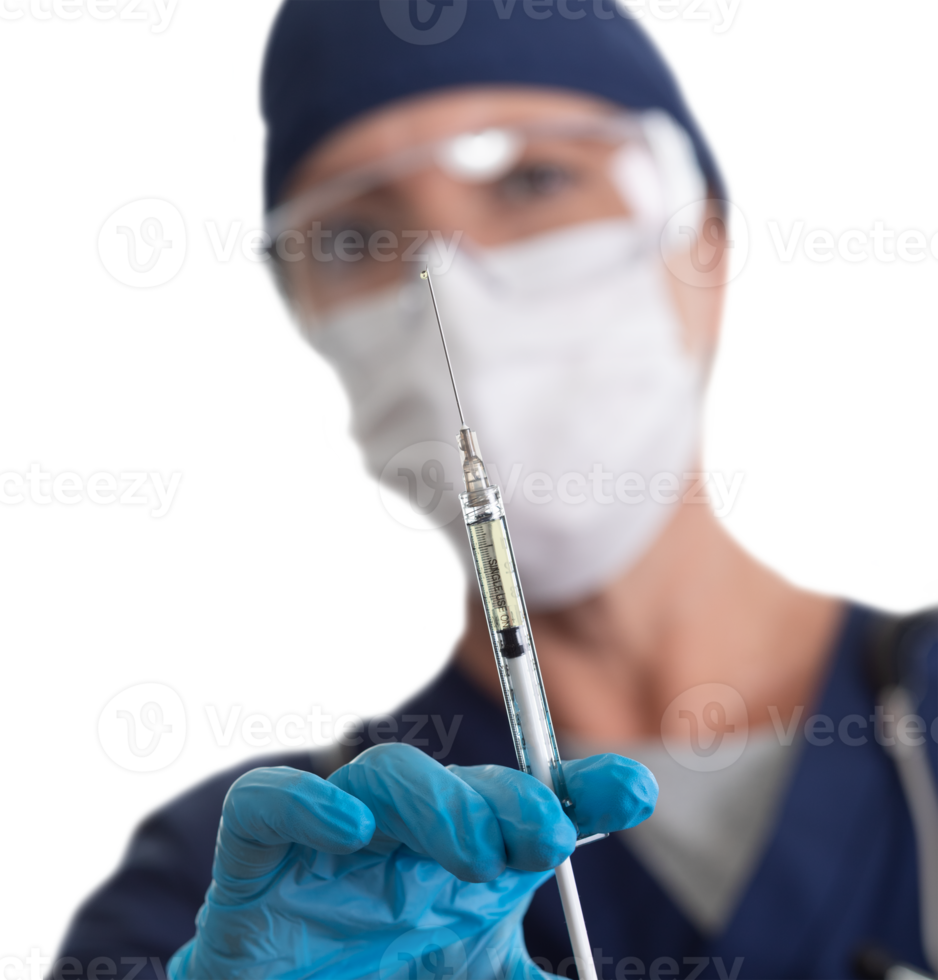 transparent png läkare eller sjuksköterska bär medicinsk ansikte mask och glasögon innehav spruta med nål.