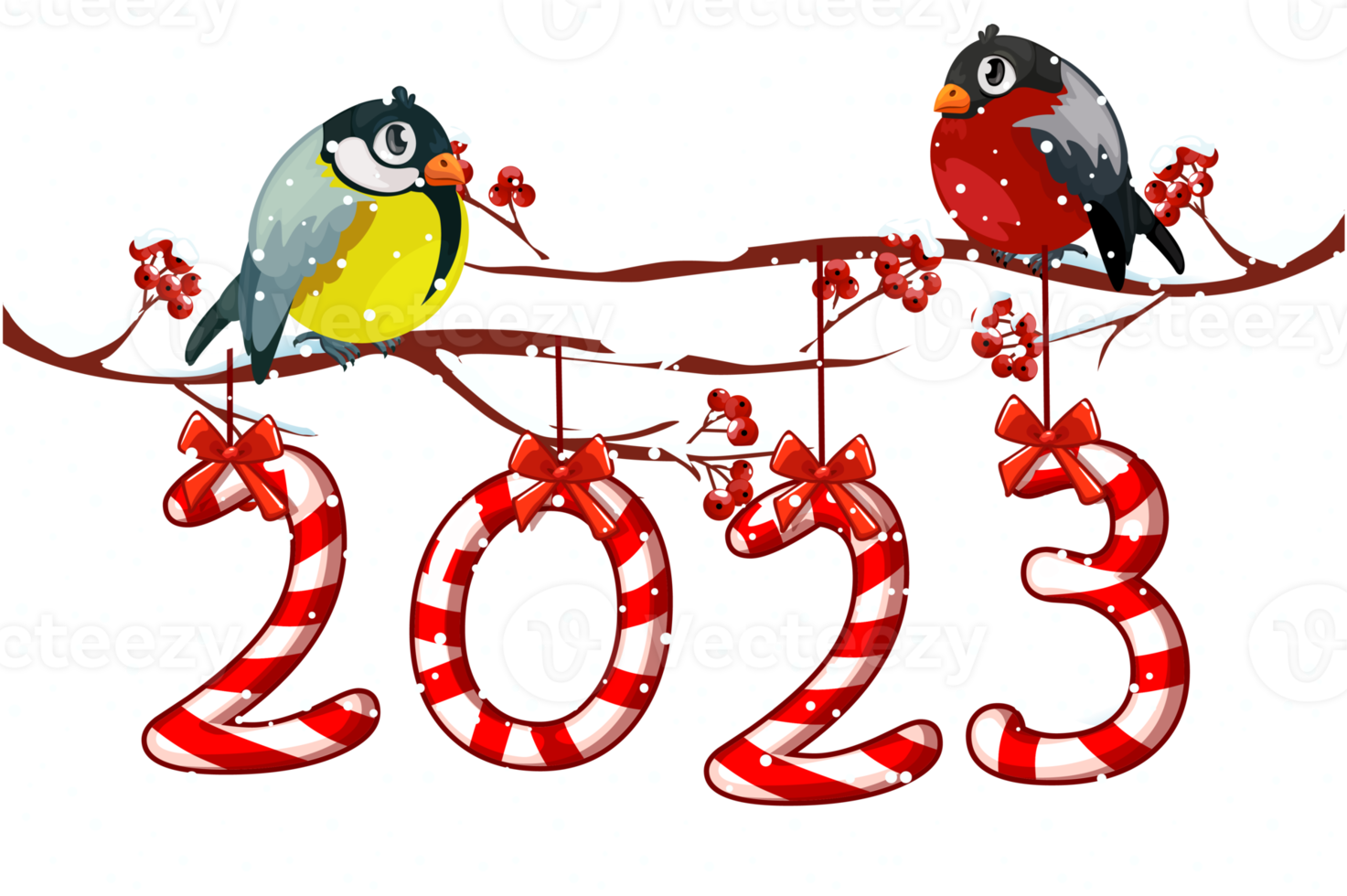 Greeting card cartoon bird tit and bullfinch on branch 2023. Illustration festive card with cute sweets png