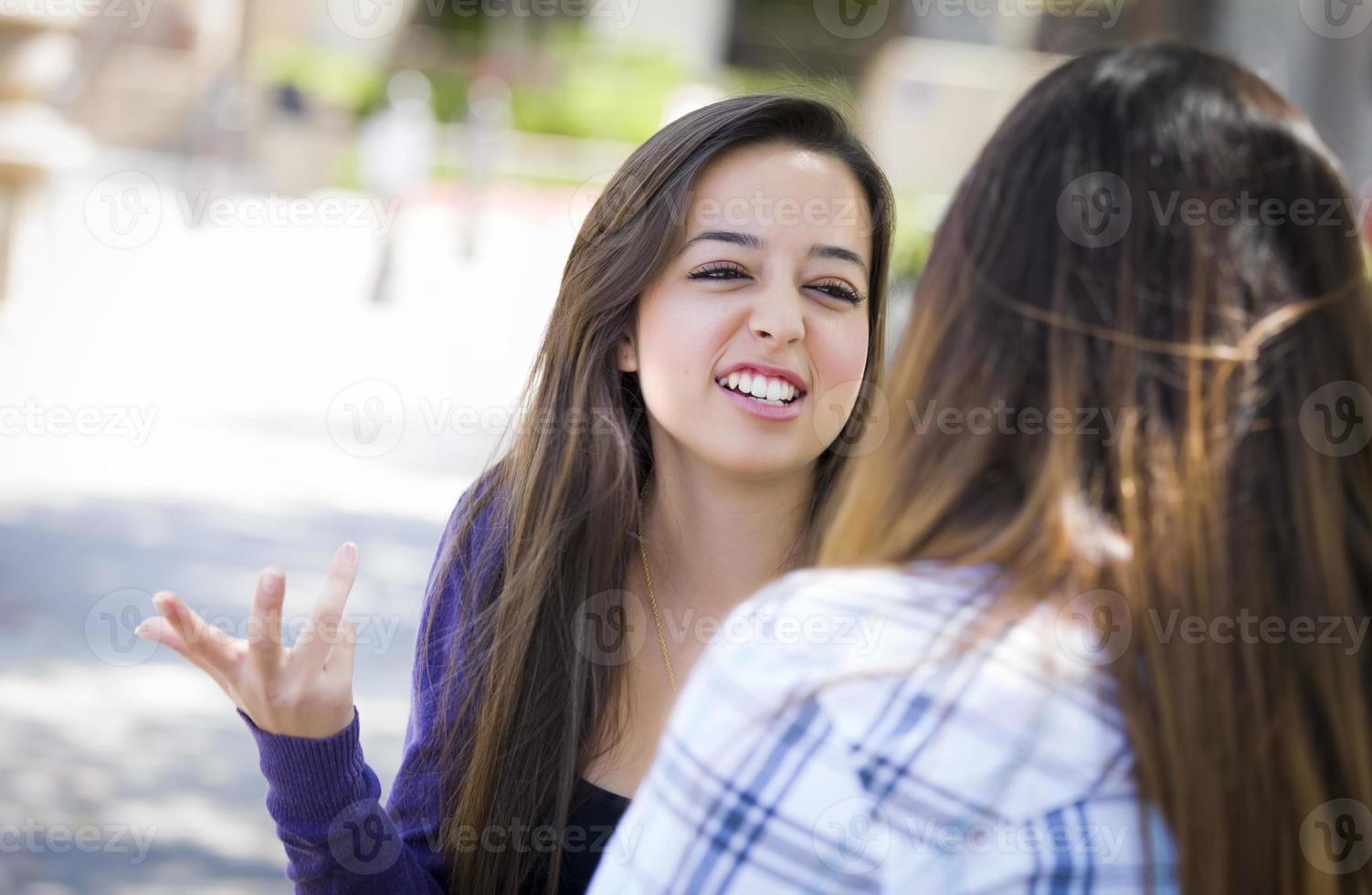 Expressive Young Mixed Race Female Sitting and Talking with Girlfriend photo