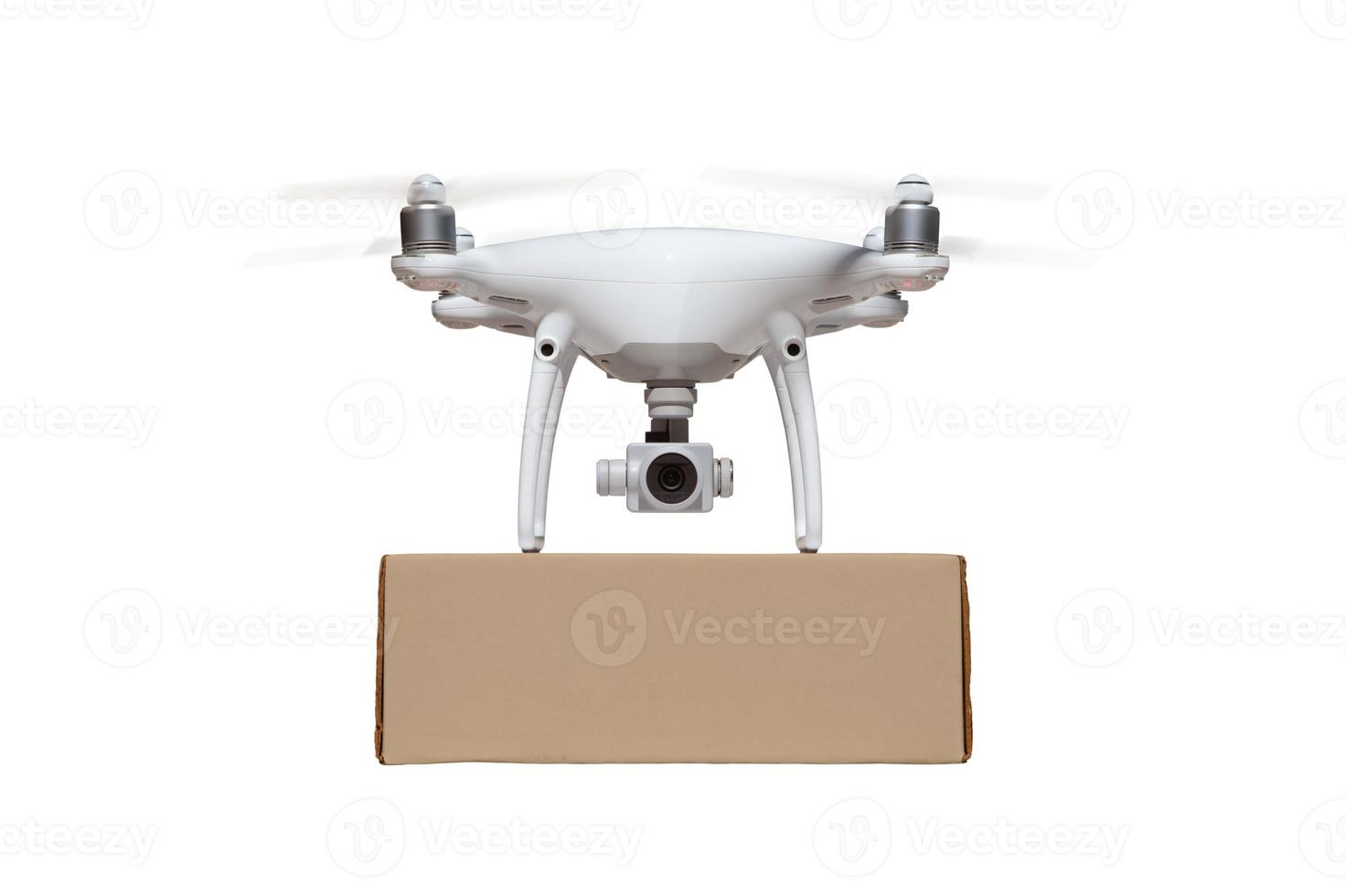 Front View of Unmanned Aircraft System UAS Quadcopter Drone Carrying Blank Package On White photo