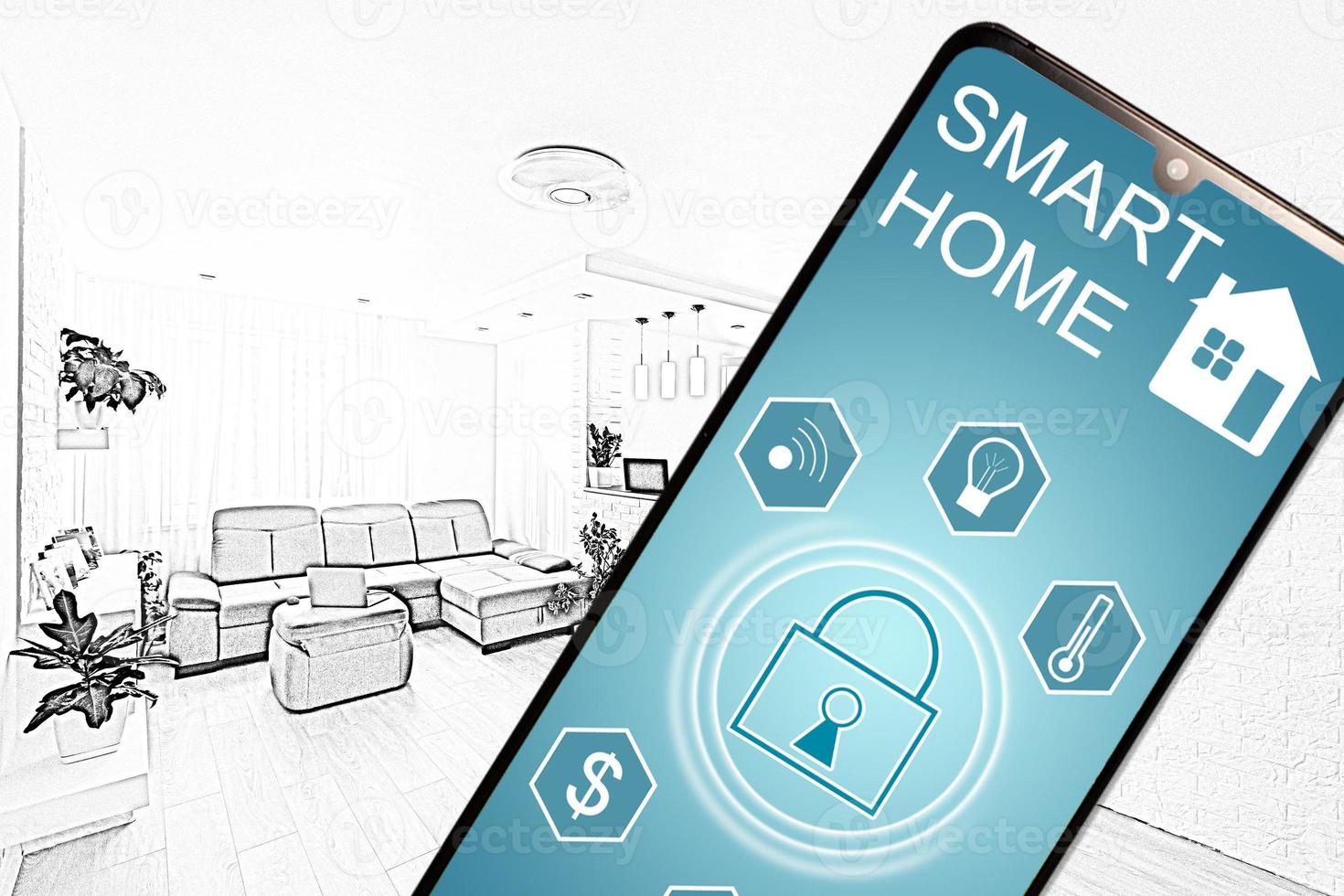 smart home living room controlled by smart phone app photo