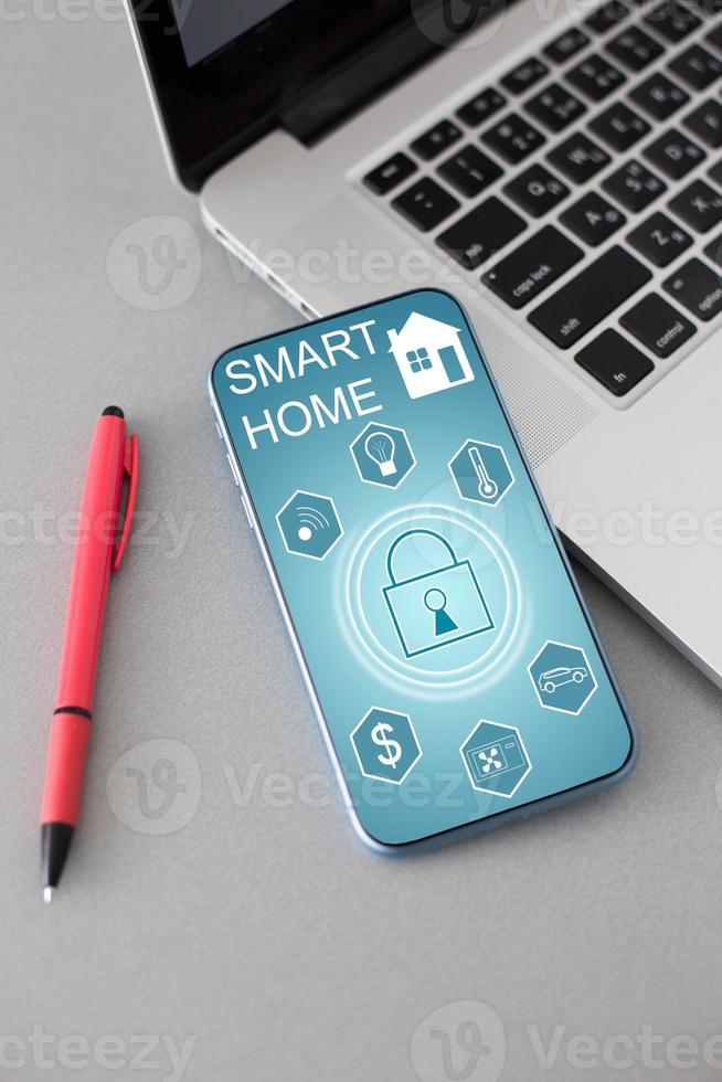 Internet of things iot Remote home control to modern living room system on phone photo