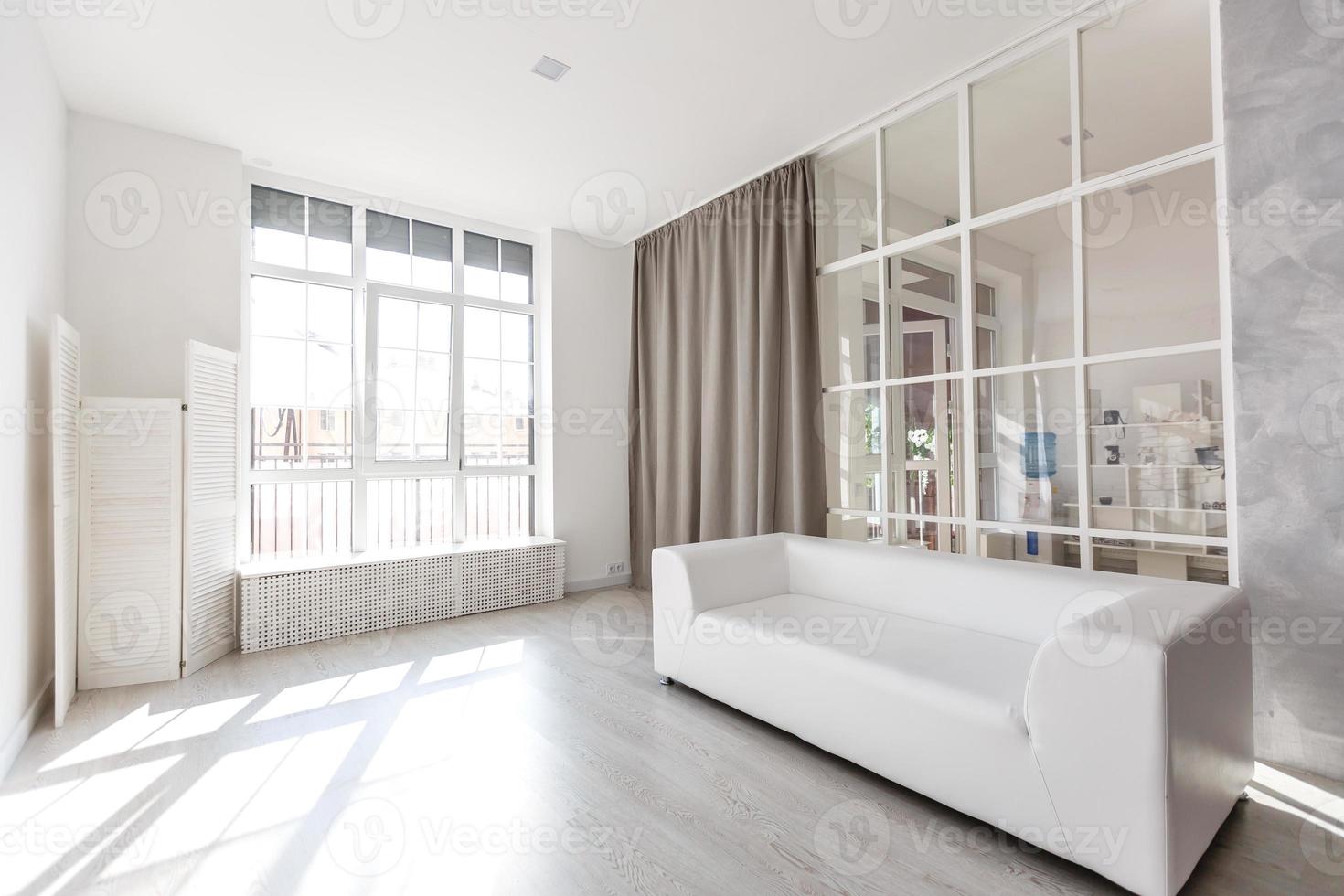 Bright, minimalist living room interior with white sofa stands near the window photo