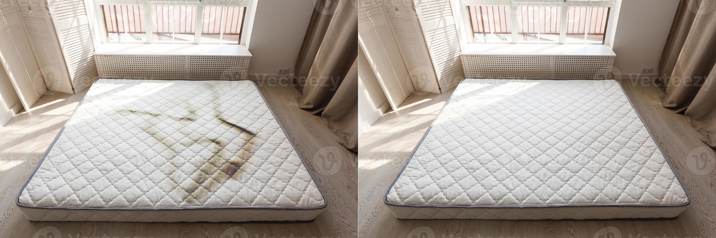 colchón gris en el suelo contra una pantalla de diseño en un amplio dormitorio con una silla gris contra una cortina oscura colchón sucio en un hotel de bajo coste foto