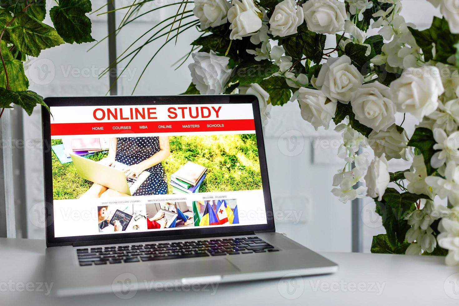 Online study concept, woman in headphones searching free audio course for individual self-tuition, student using laptop for e-learning, distance learning, , focus on screen photo