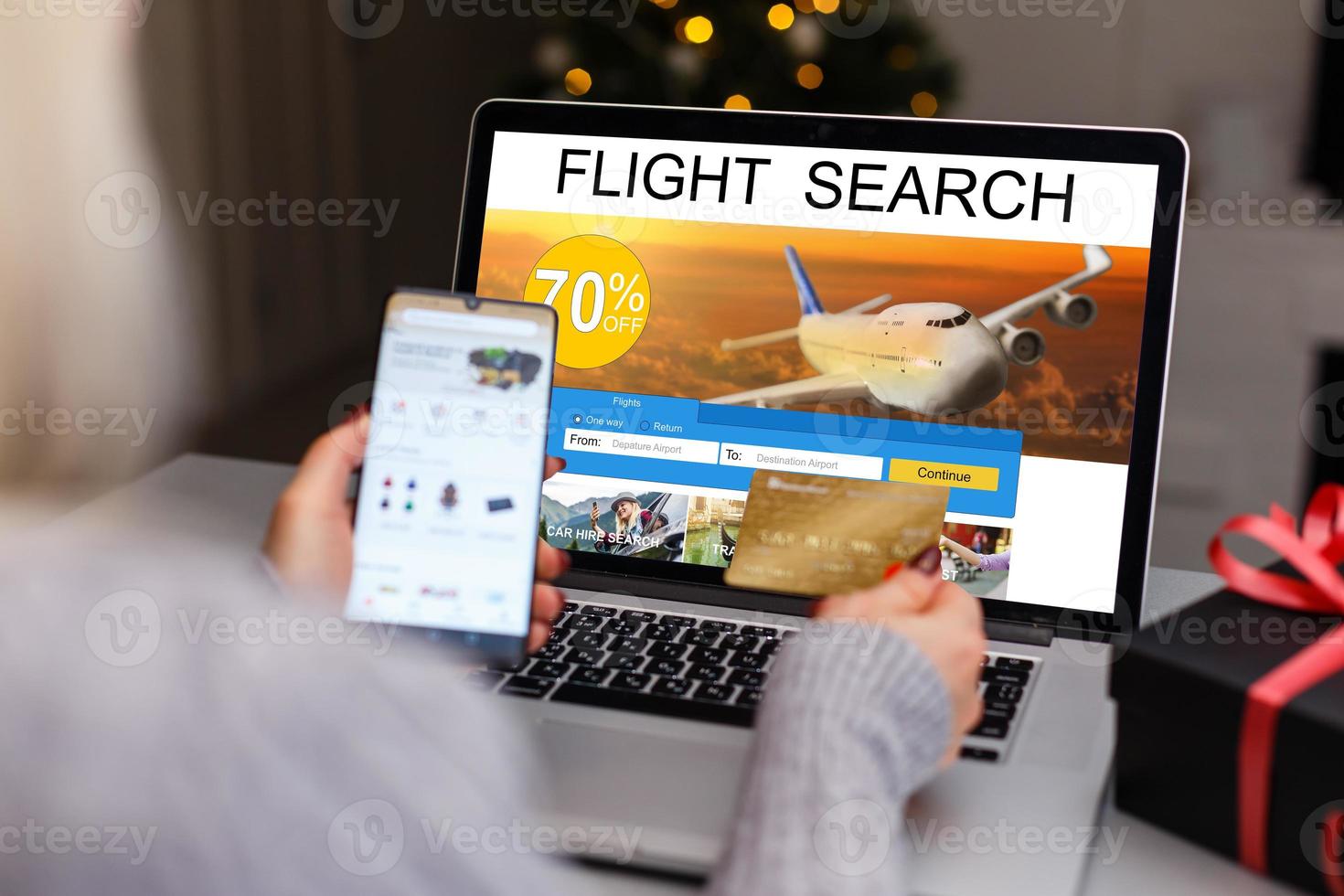 Flights online booking and reservation. woman working with a computer, search flights on the screen, office business background. photo