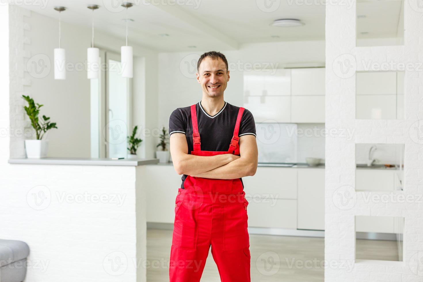 Construction worker installing photo