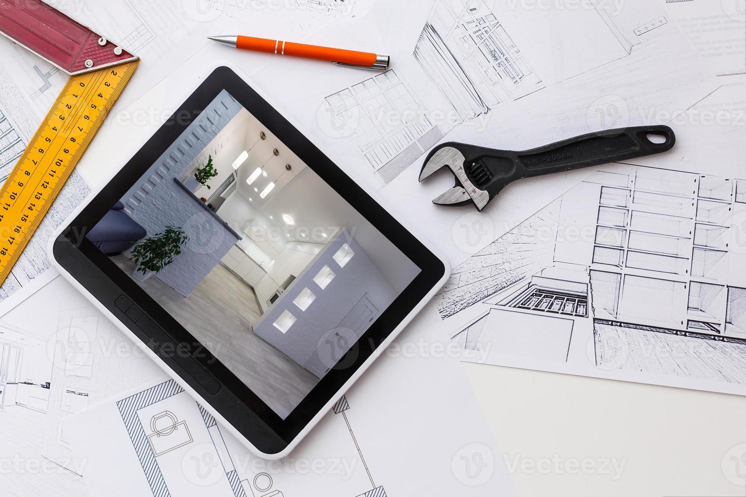 Computer Tablet With Master Bathroom Design Over House Plans Pencil computer-tablet-with-master-bathroom-design-over-house-plans-pencil