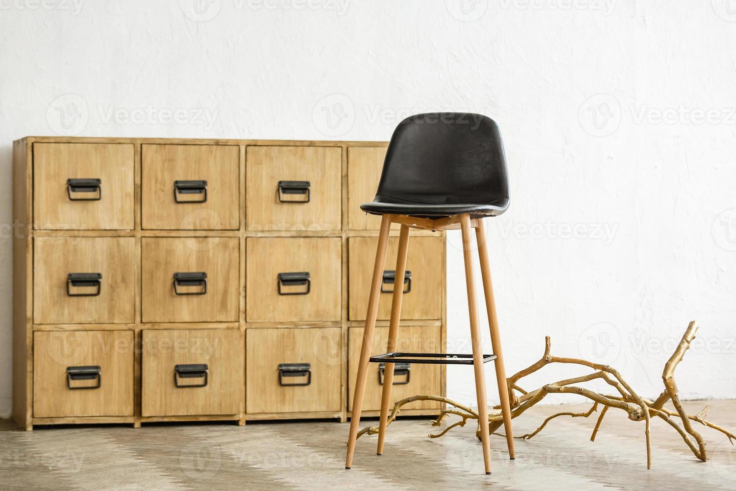 natural wood furniture white wall decor photo