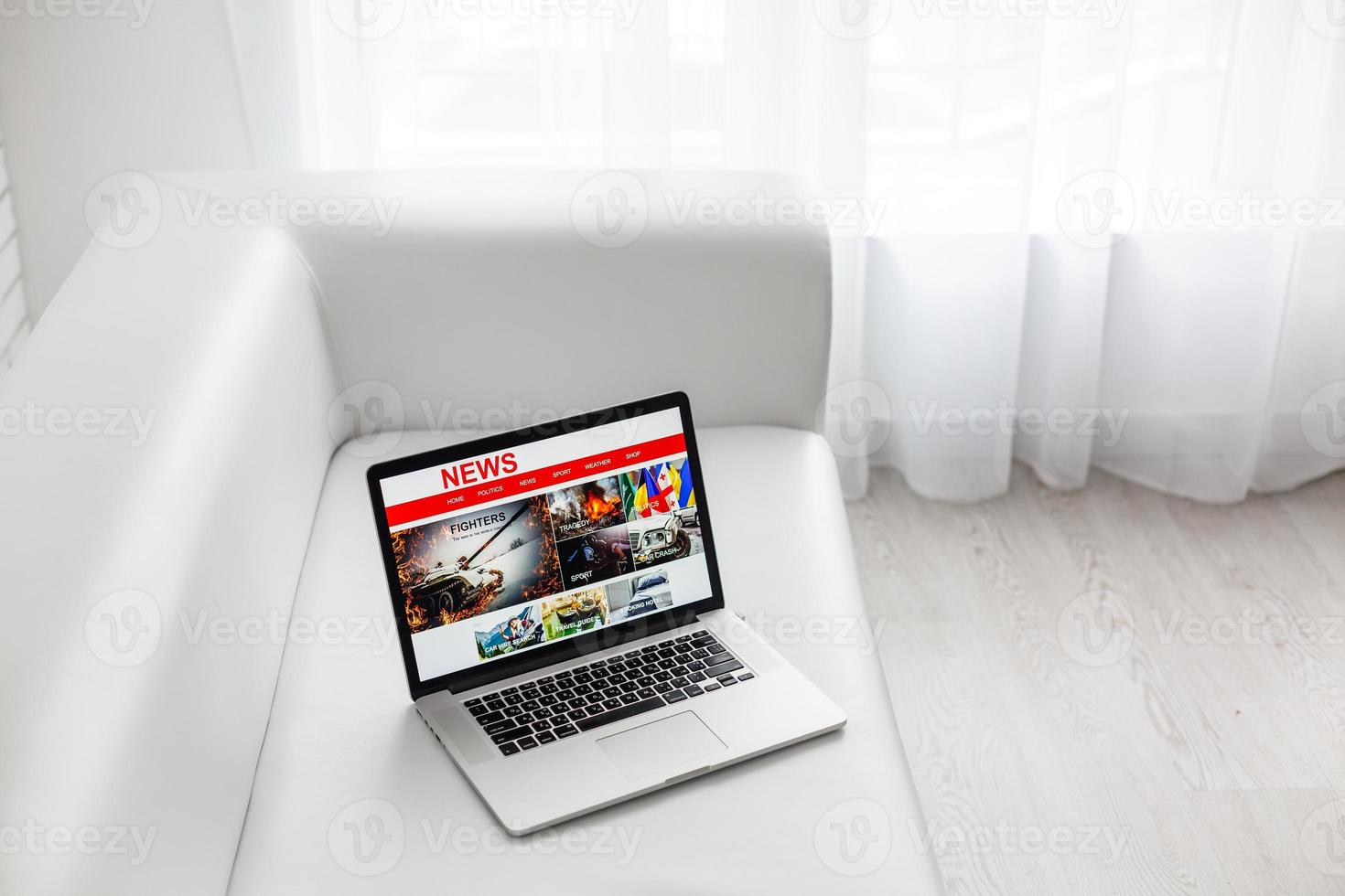 sofa with laptop choosing online course for self education, personal training or qualification improvement. student distant study. photo