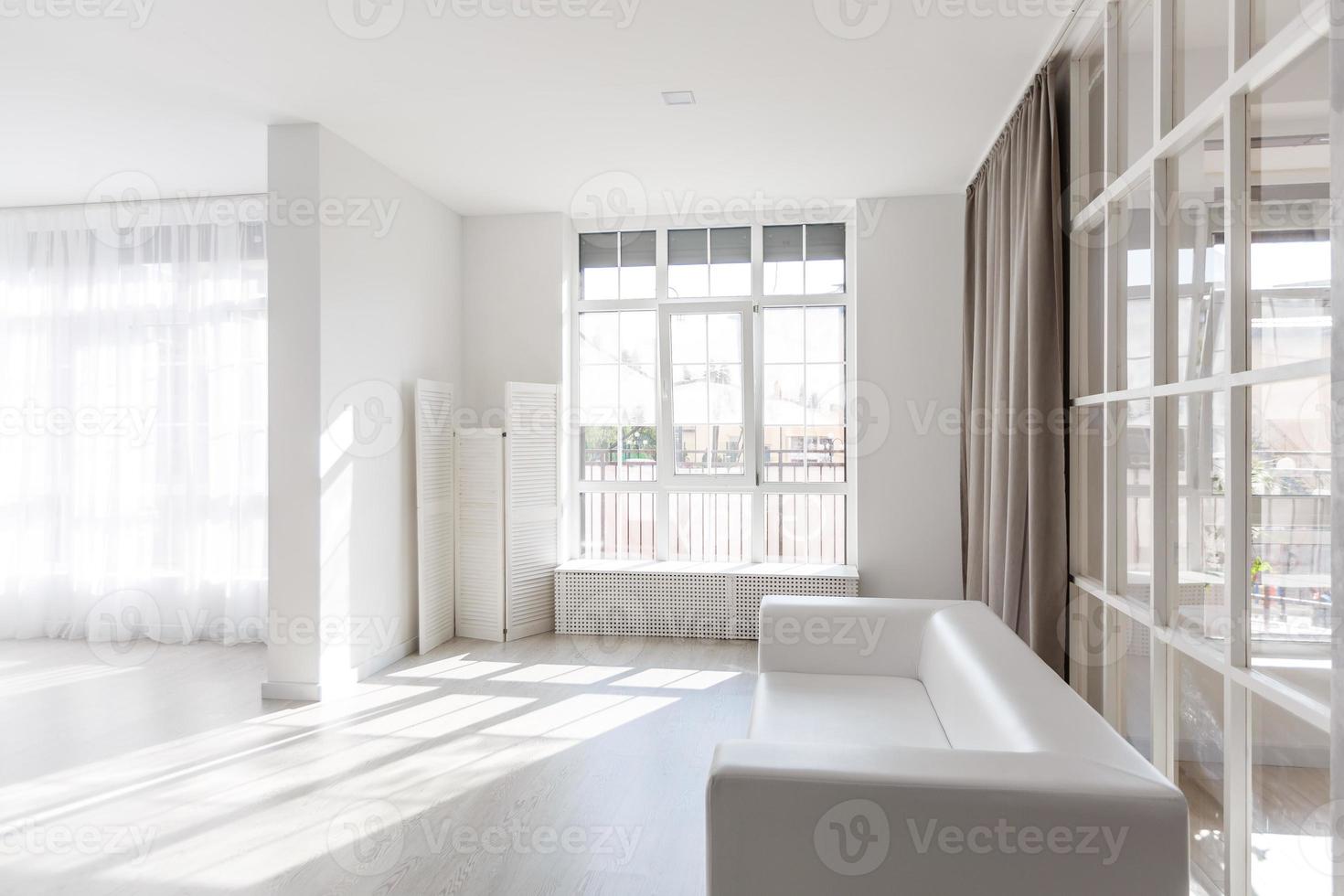 Render modern interior with sofa and a large window photo