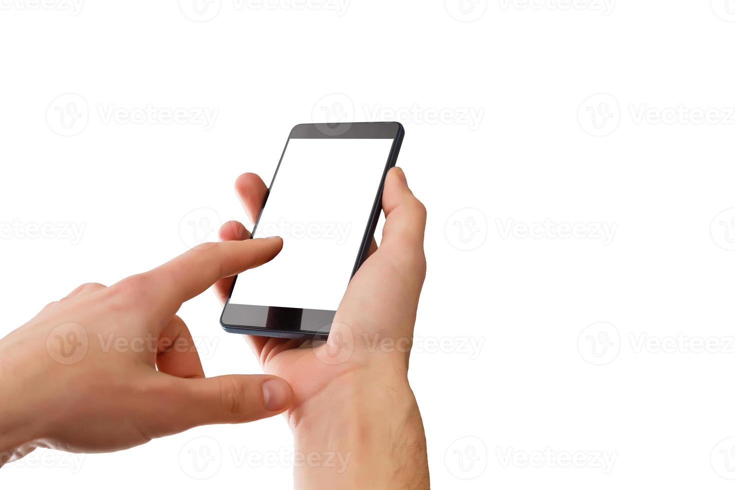 Closeup shot of a woman typing on mobile phone isolated on white background.. Girl's hand holding a modern smartphone and pointing with figer. Blank screen to put it on your own webpage or message photo