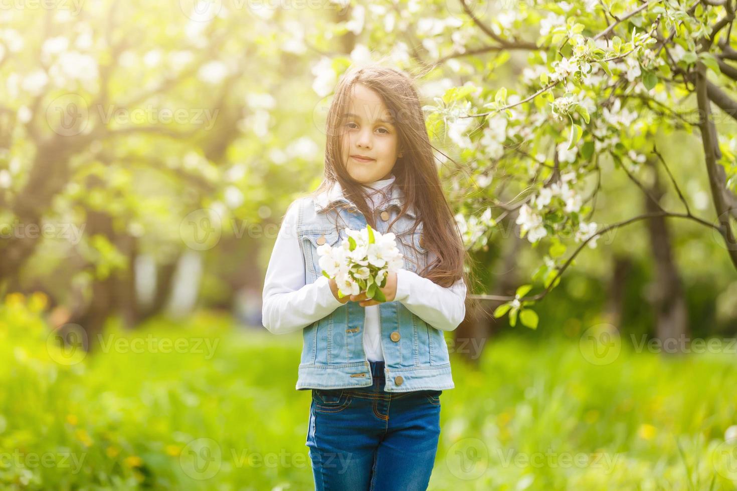 Beautiful girl in flowering Apple trees. Long hair photo