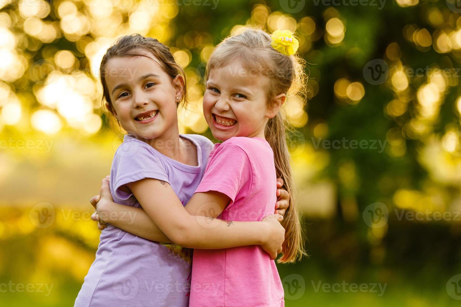 Two happy little sisters on the field. photo