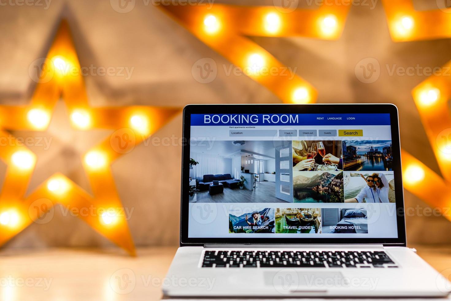 travel booking, hotels and flights reservation on the screen of computer photo