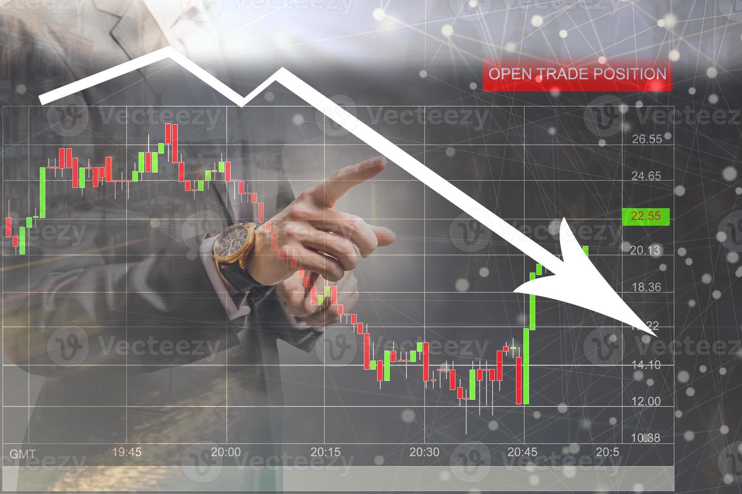 Double exposure of professional businessman touch financial graph and city of business in trading business and technology background photo