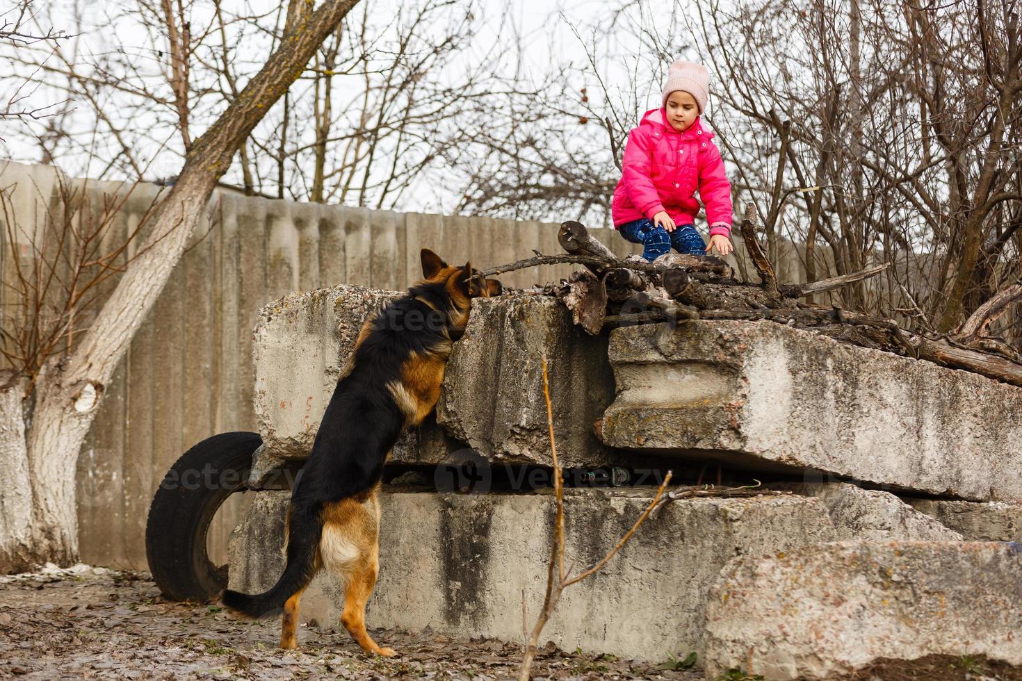 a little girl is hiding from a dog photo