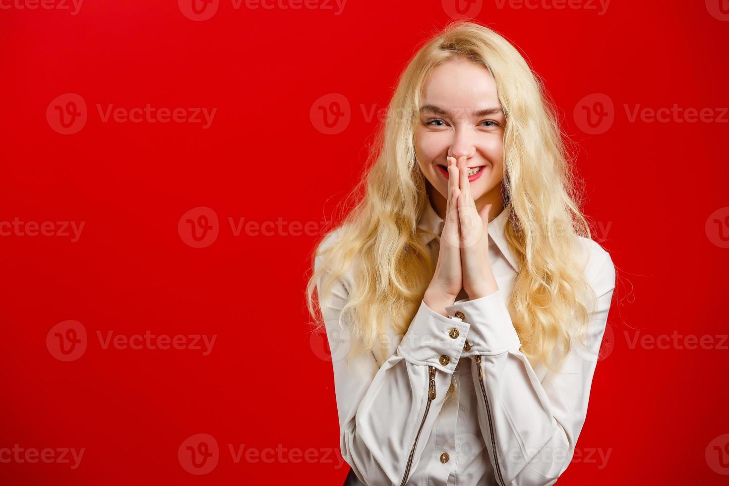 Relax, rest concept. Stunning, adorable, good-looking lady with modern curly, isolated on bright red background photo