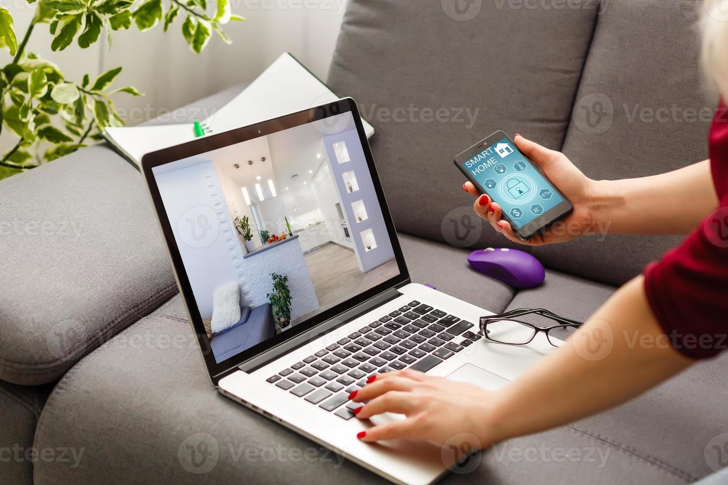 Internet of things iot Remote home control to modern living room system on phone photo