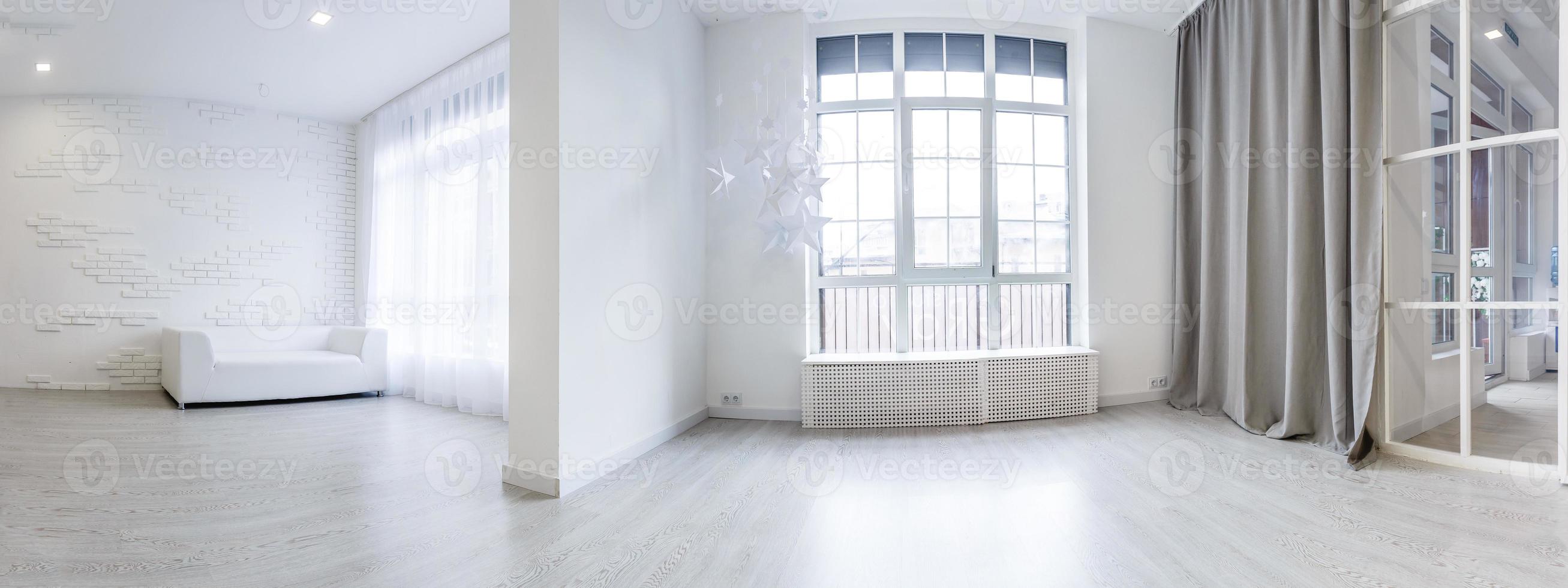 White empty room interior with wood floor, window, door. photo