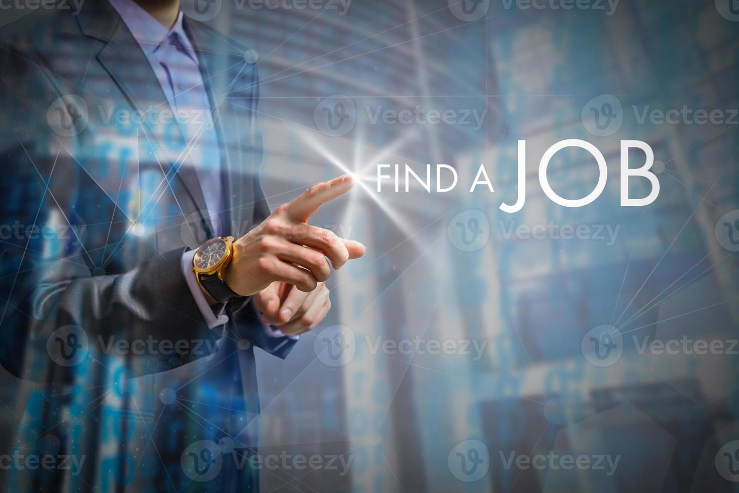 business, technology, internet and networking concept - businessman pressing job search button on virtual screens photo