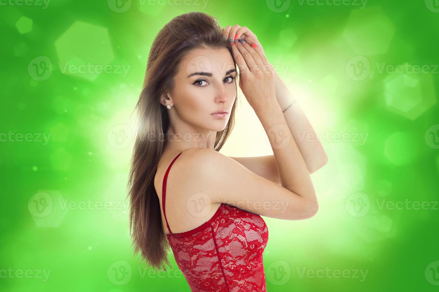 Charming young girl in red lace underwear photo