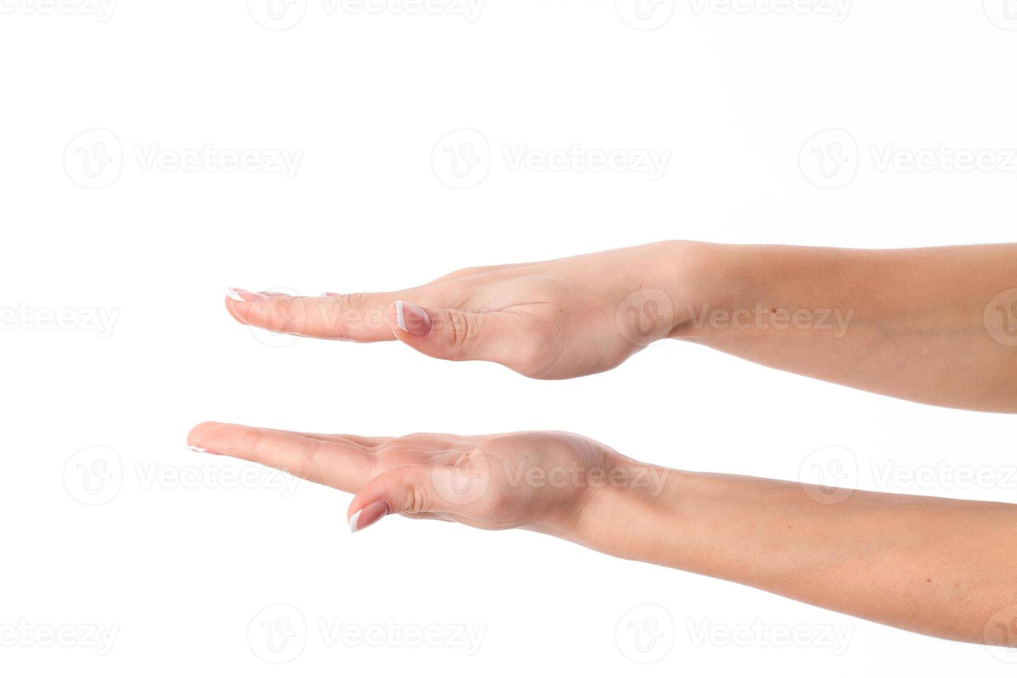 two female hands with expanded towards each other  palms is isolated on a white background photo