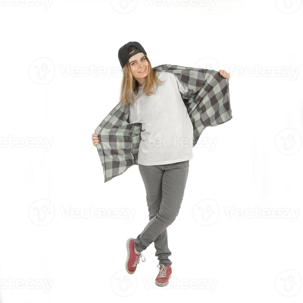 woman in casual clothes smiling photo