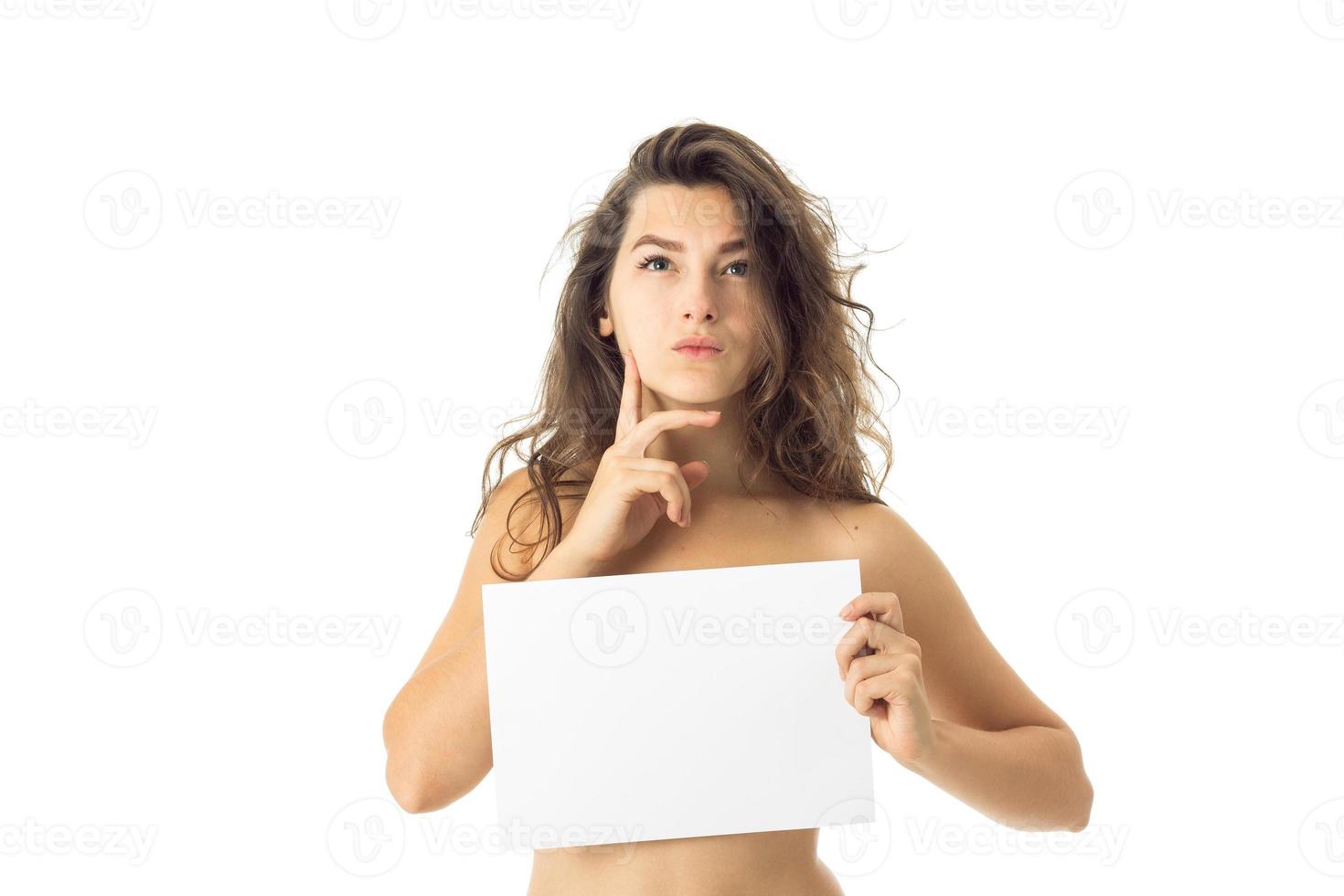 nude brunette girl with placard photo