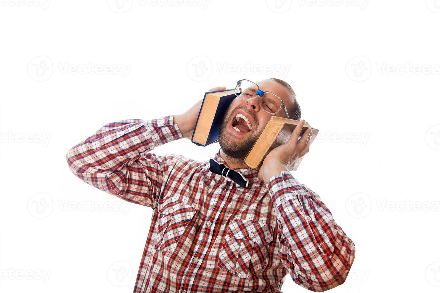 Adult nerd listening knowledge through books headphones photo