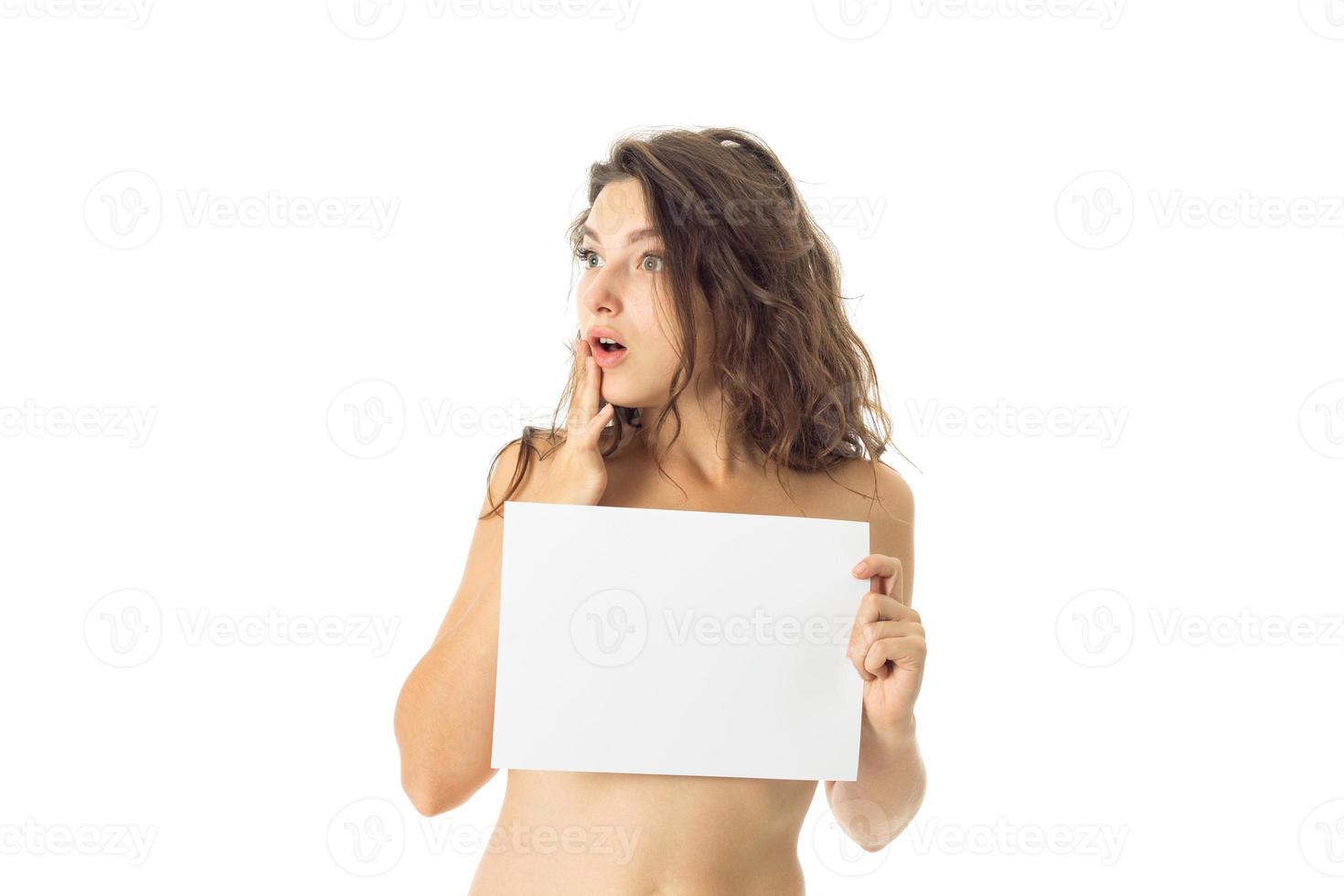 nude brunette girl with placard photo