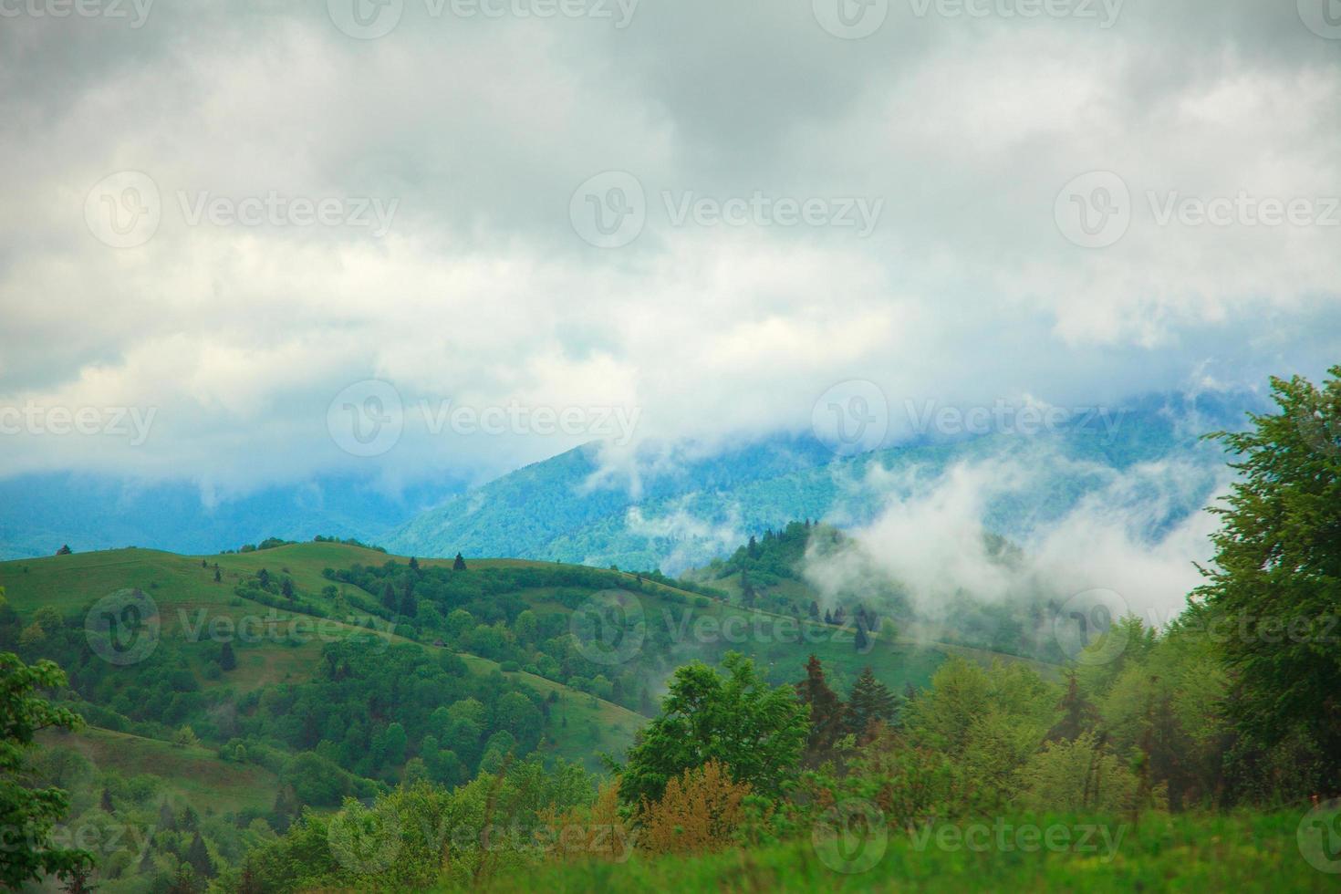 mountain landscape with clouds floating through the trees photo