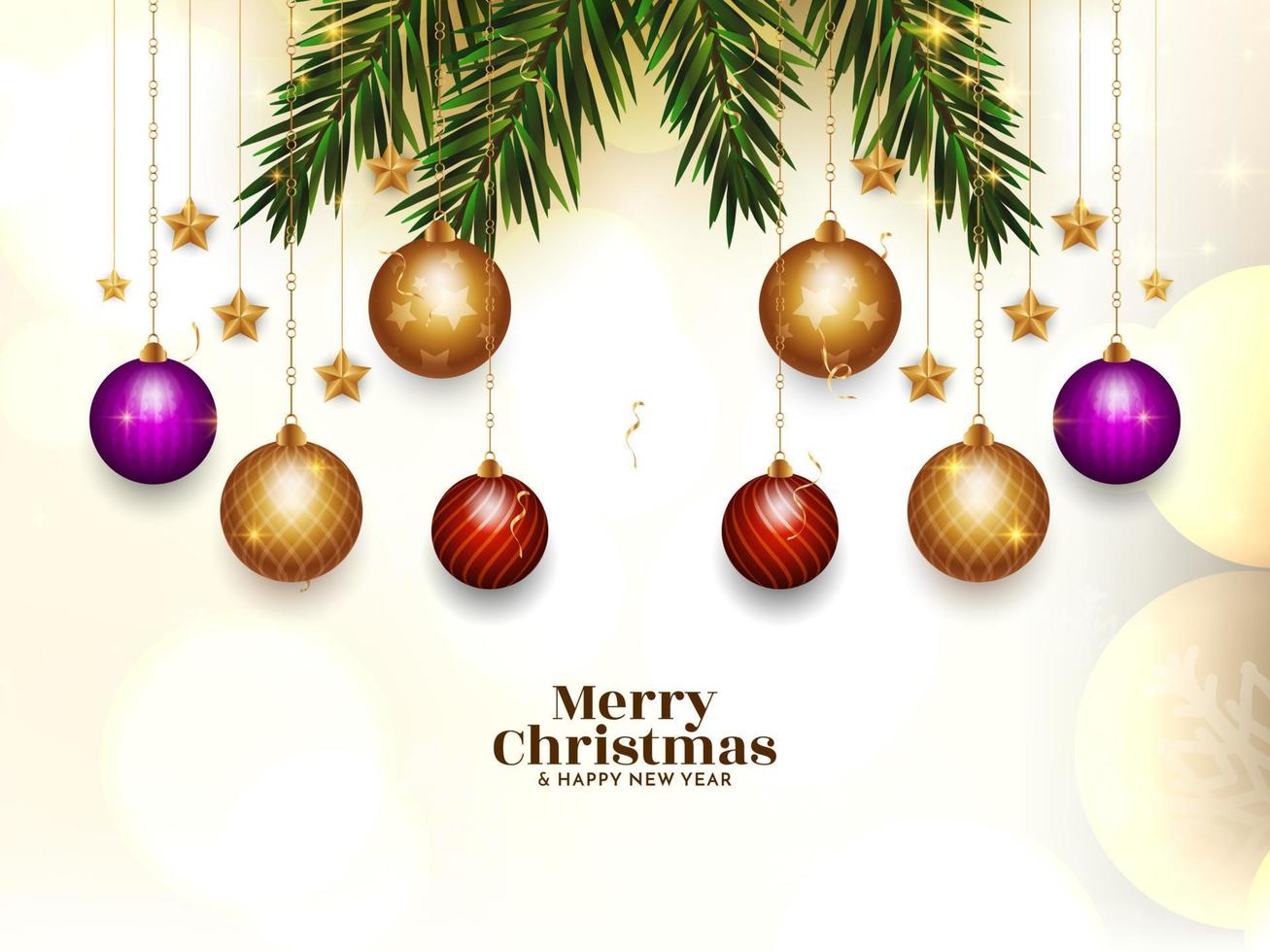 fondo de festival de feliz navidad con diseño decorativo de bolas colgantes con estilo vector