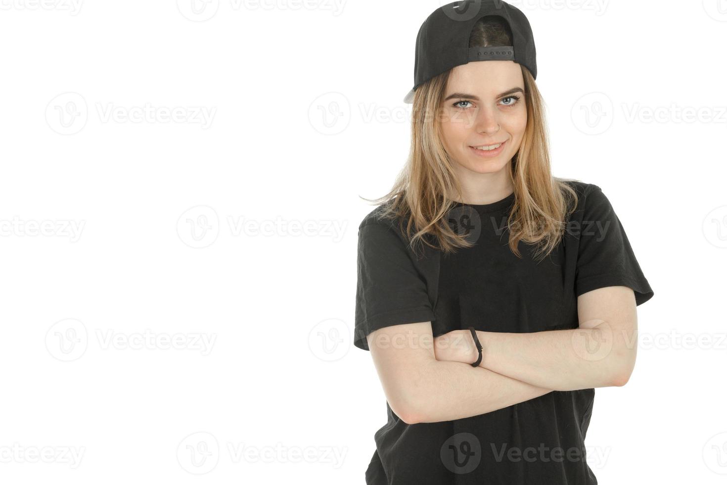 cute blonde woman in black clothes photo