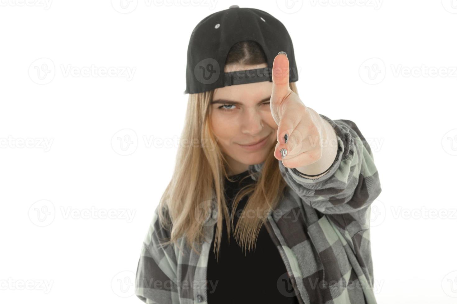 beautiful blonde girl with finger gun photo