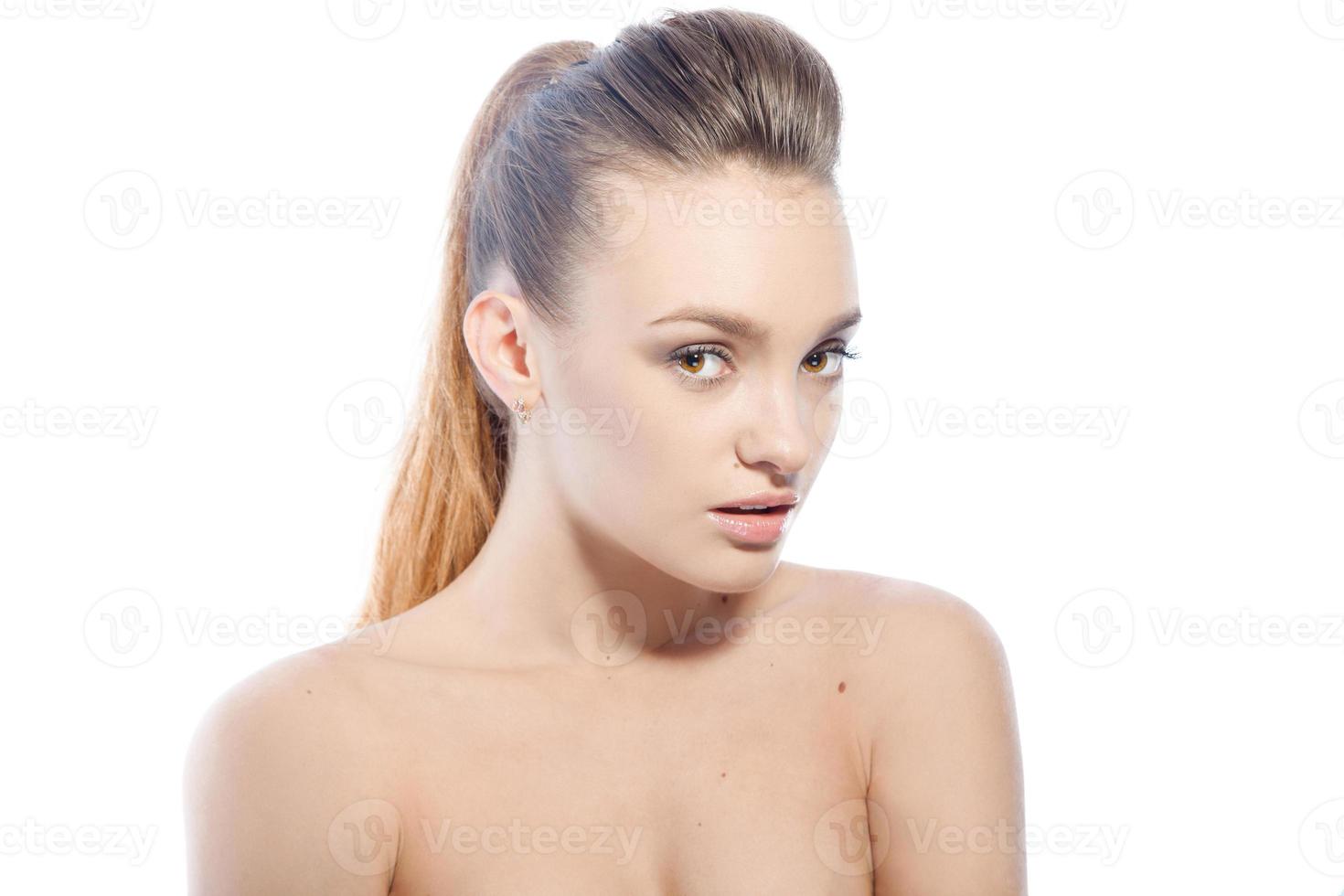 closeup of charming woman with brown eyes photo