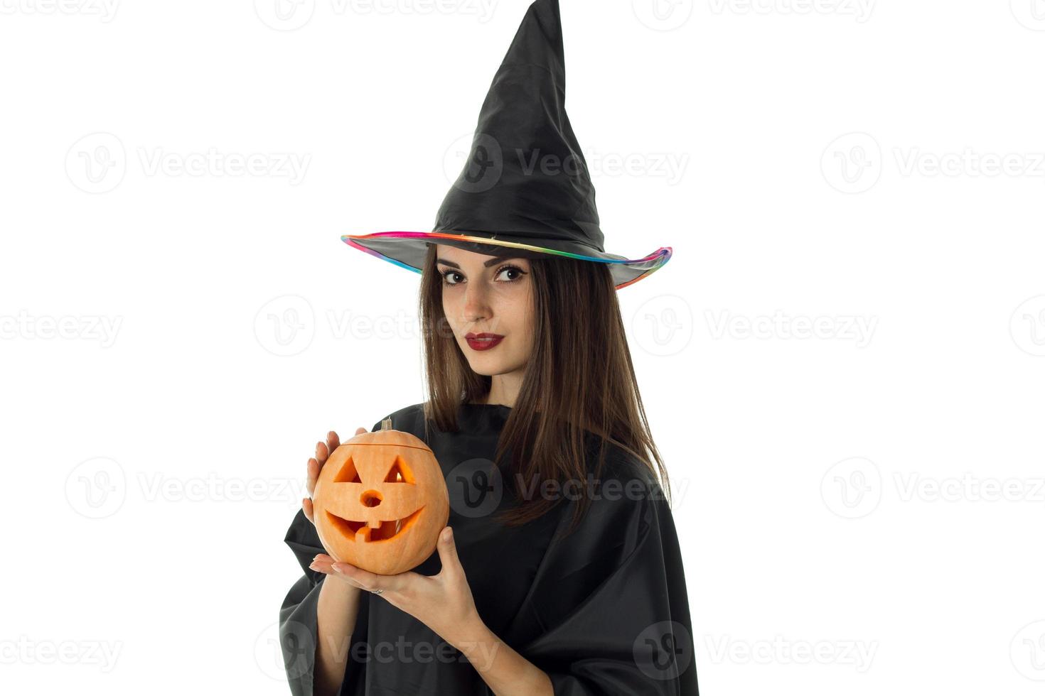 brunette girl in halloween style clothes photo