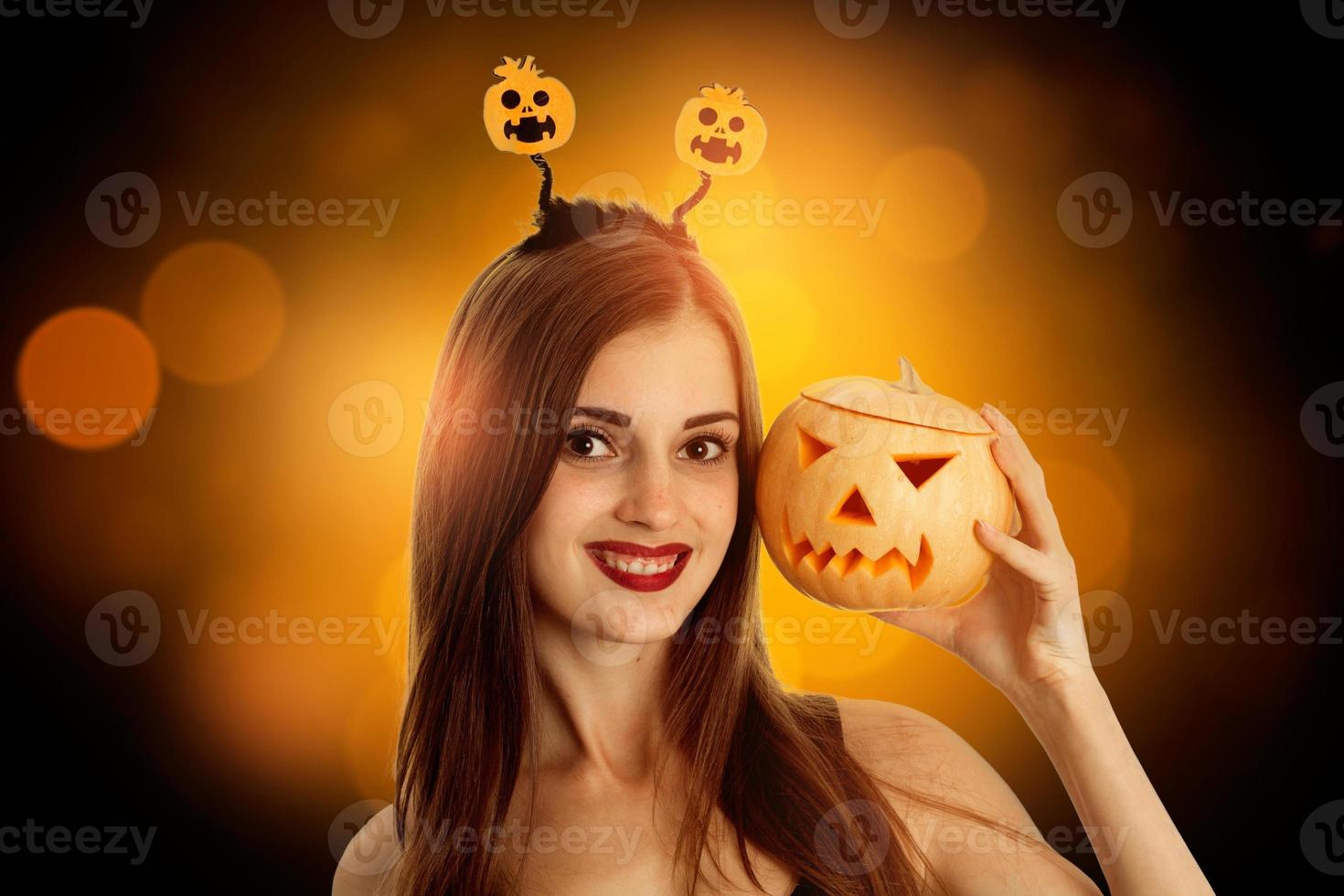 cheerful beauty woman in halloween style clothes photo