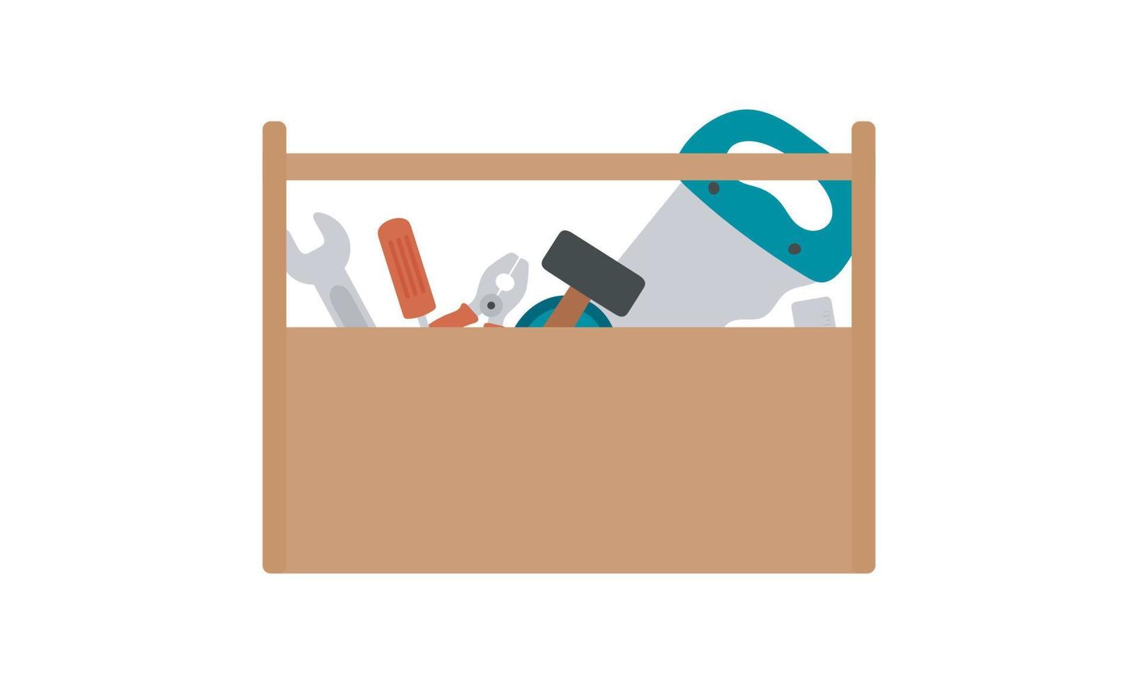 Toolbox with tools. Hammer, screwdriver, tape measure, ruler, saw, wrench and pliers. Vector illustration.