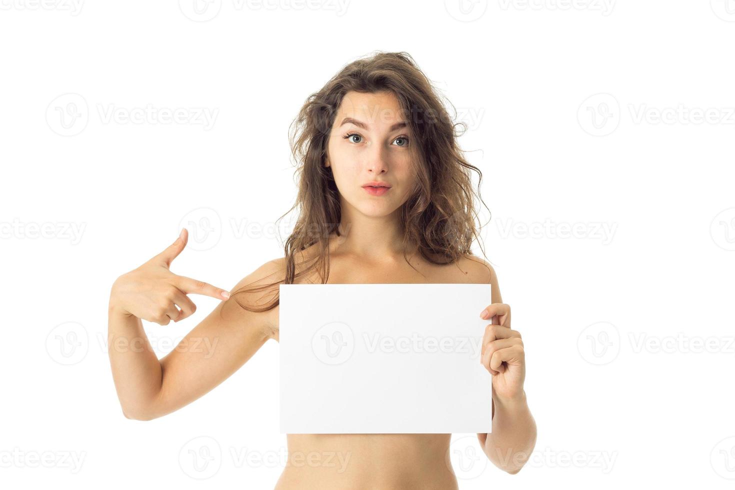 nude brunette girl with placard photo