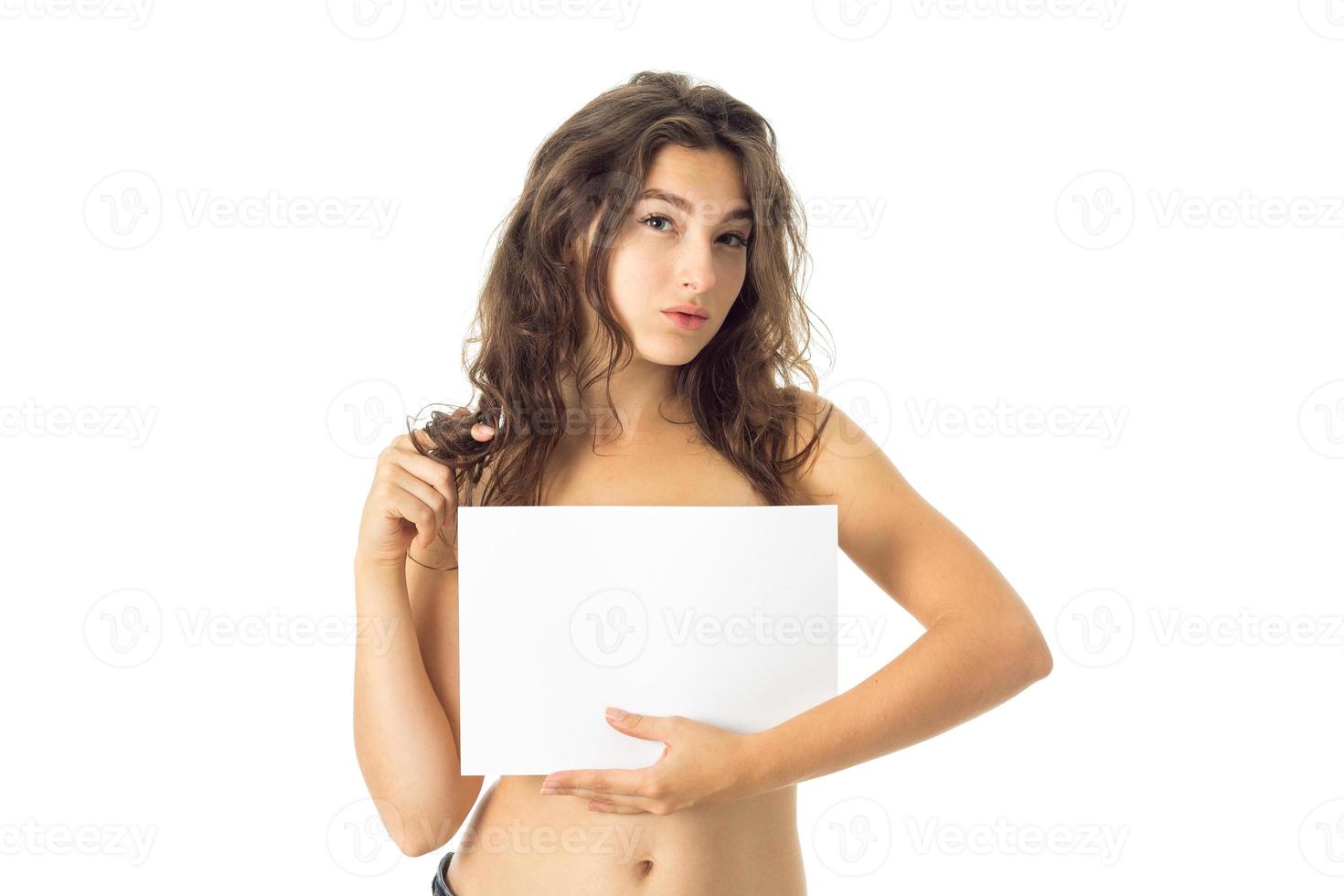 nude brunette girl with placard photo