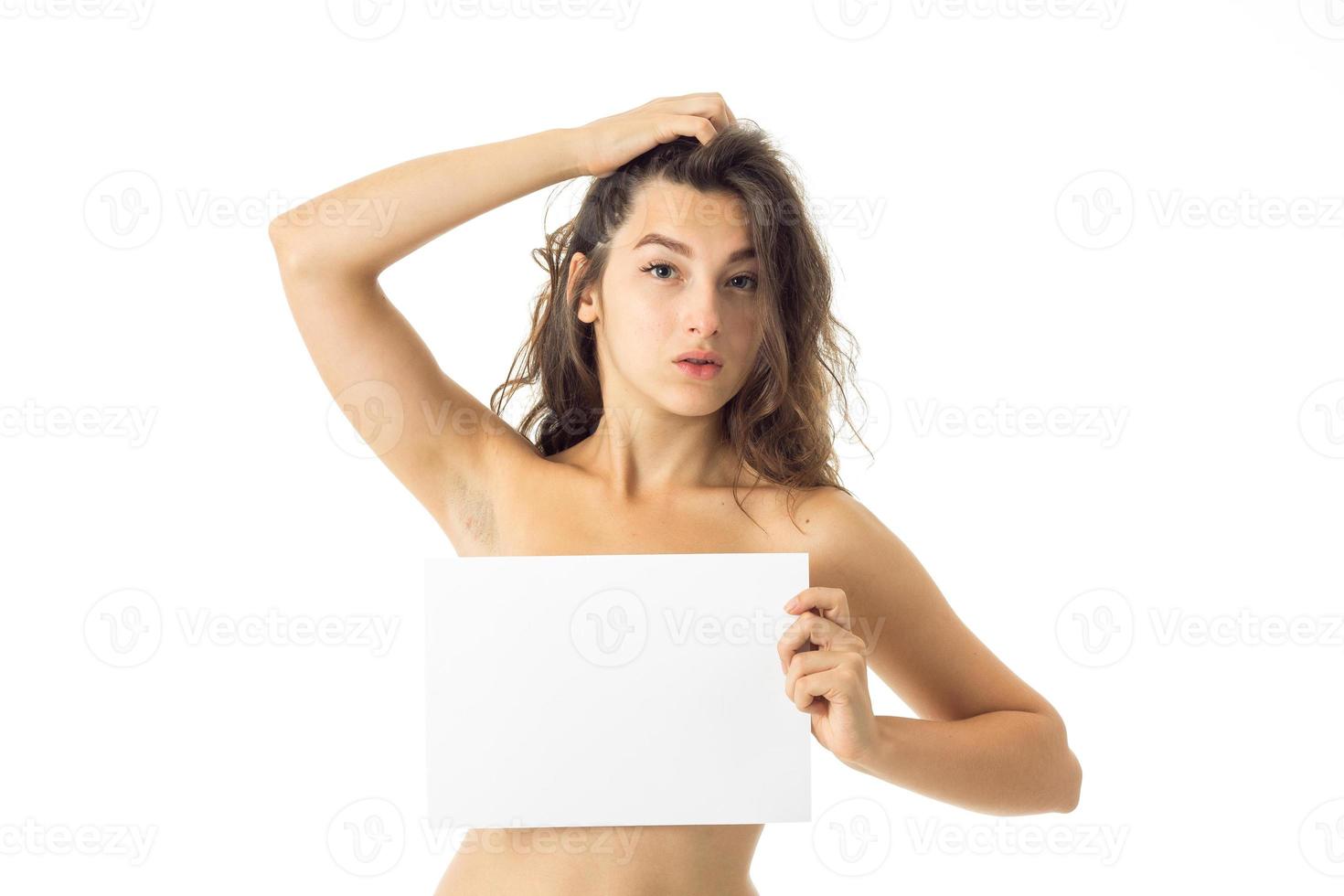 nude brunette girl with placard photo