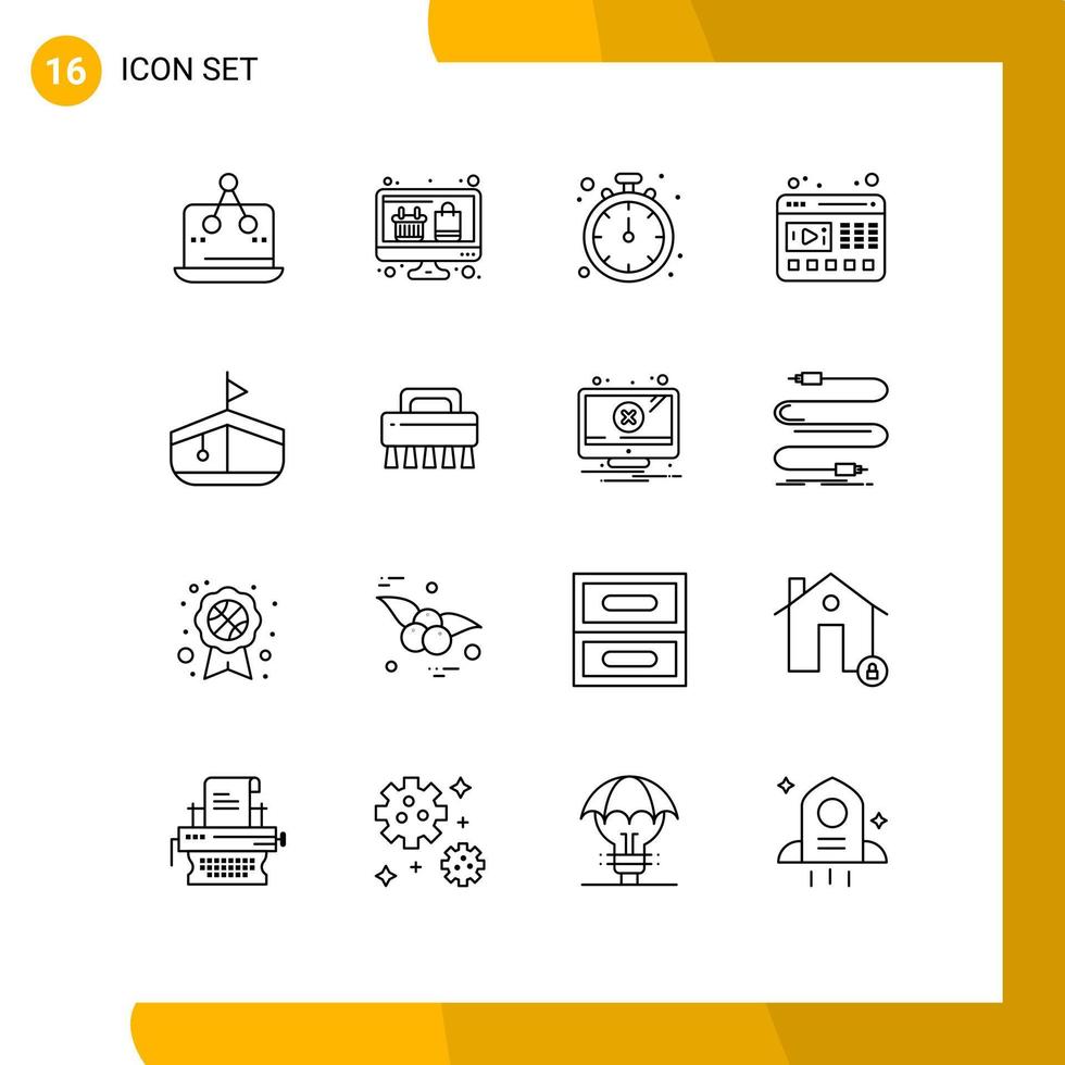 Pack of 16 Modern Outlines Signs and Symbols for Web Print Media such as boat web online shopping video fix Editable Vector Design Elements