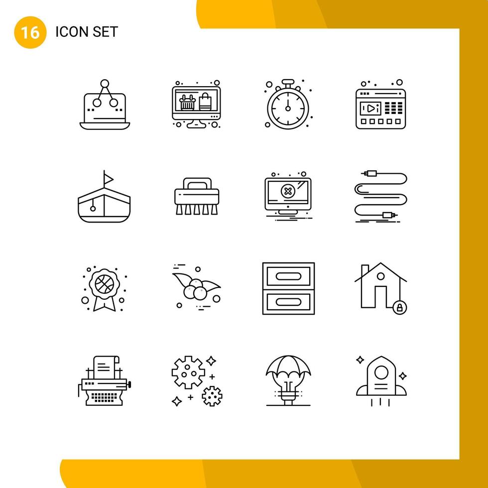 paquete de 16 signos y símbolos de contornos modernos para medios de impresión web, como elementos de diseño de vectores editables de reparación de video de compras en línea web de barcos